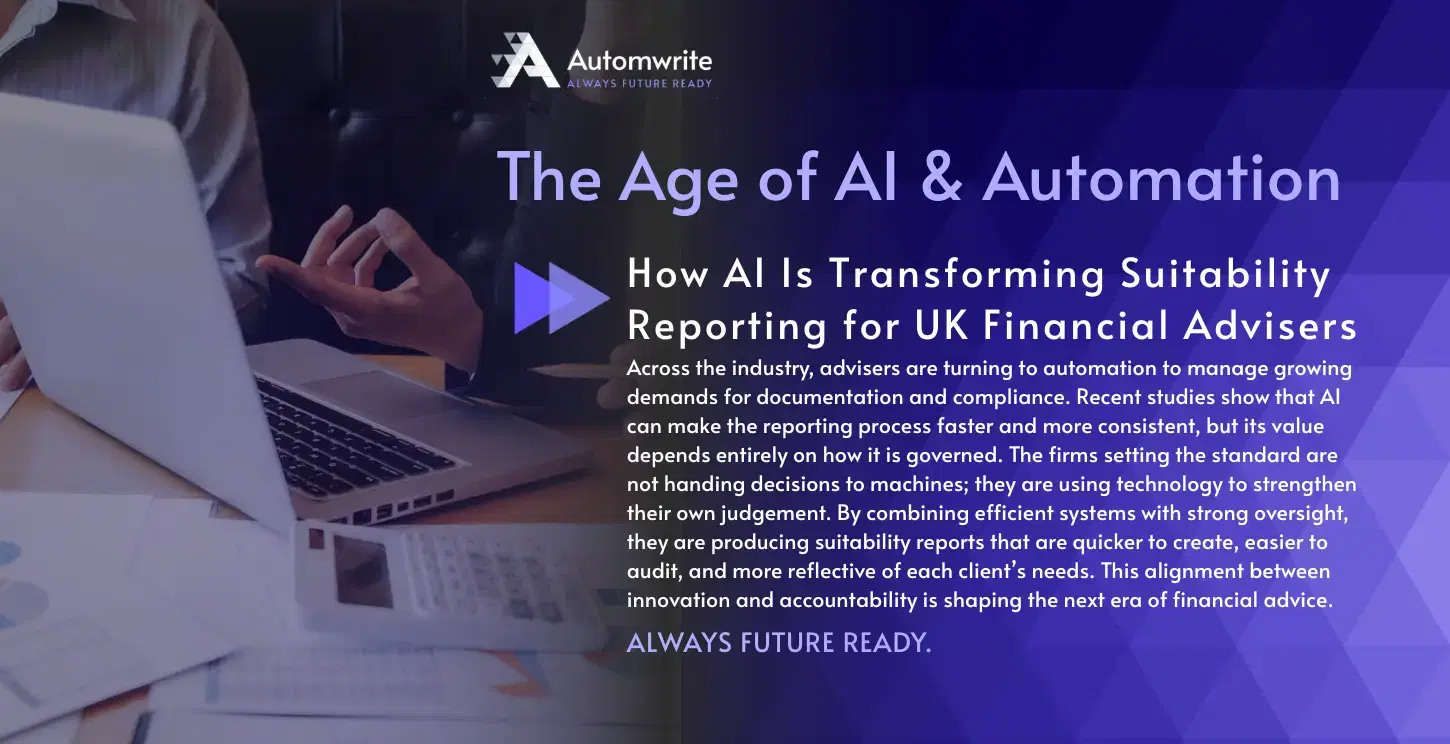 Two financial advisers reviewing AI-generated suitability reports on a laptop, representing how Automwrite helps UK advisers streamline report creation and maintain compliance with MiFID II and FCA standards.