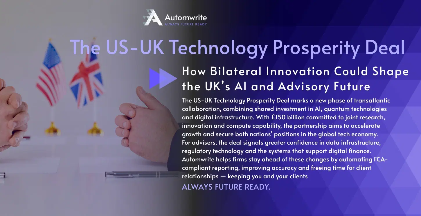 Two professionals shake hands in front of UK and US flags, symbolising the US-UK Technology Prosperity Deal focused on AI, quantum innovation and digital collaboration. Automwrite blog header text overlays describing how bilateral innovation could shape the UK’s AI and advisory future.